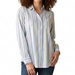 Old Navy Shirt Striped Button Down Blue White Black Yellow Brown Womens Medium